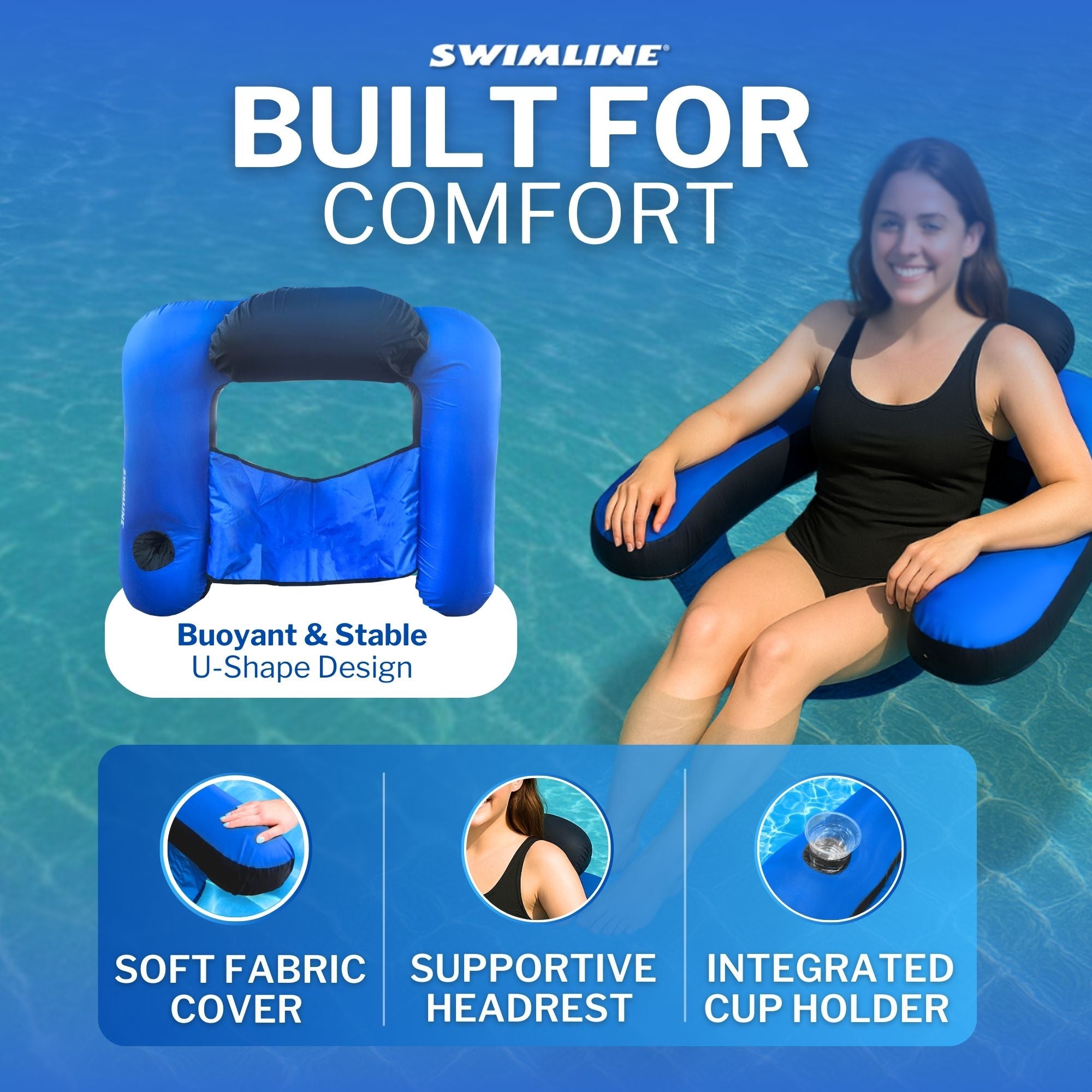 Fabric Covered U-Seat Pool Float | Mesh Sling Seat | Cupholder | 32" x 25"