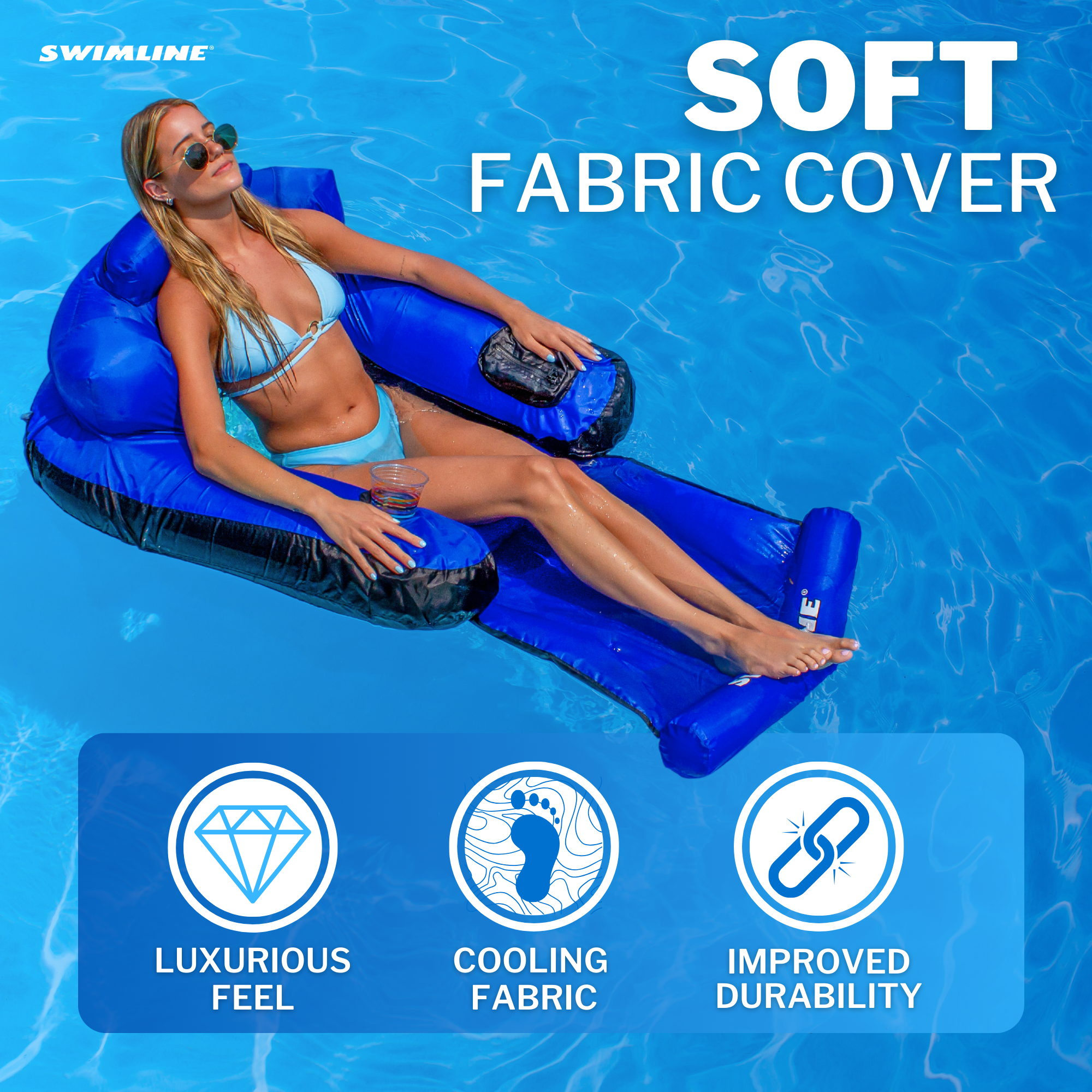 Fabric Covered Inflatable Pool Chair | Backrest & Armrests | Soft Cover