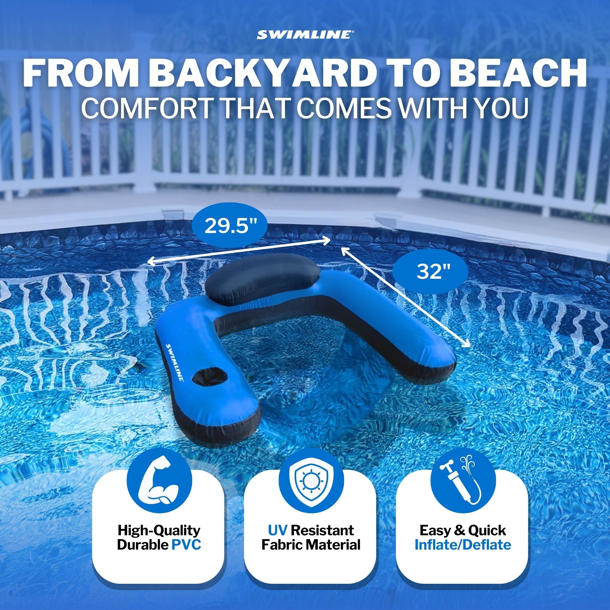 Fabric Covered U-Seat Pool Float | Mesh Sling Seat | Cupholder | 32" x 25"