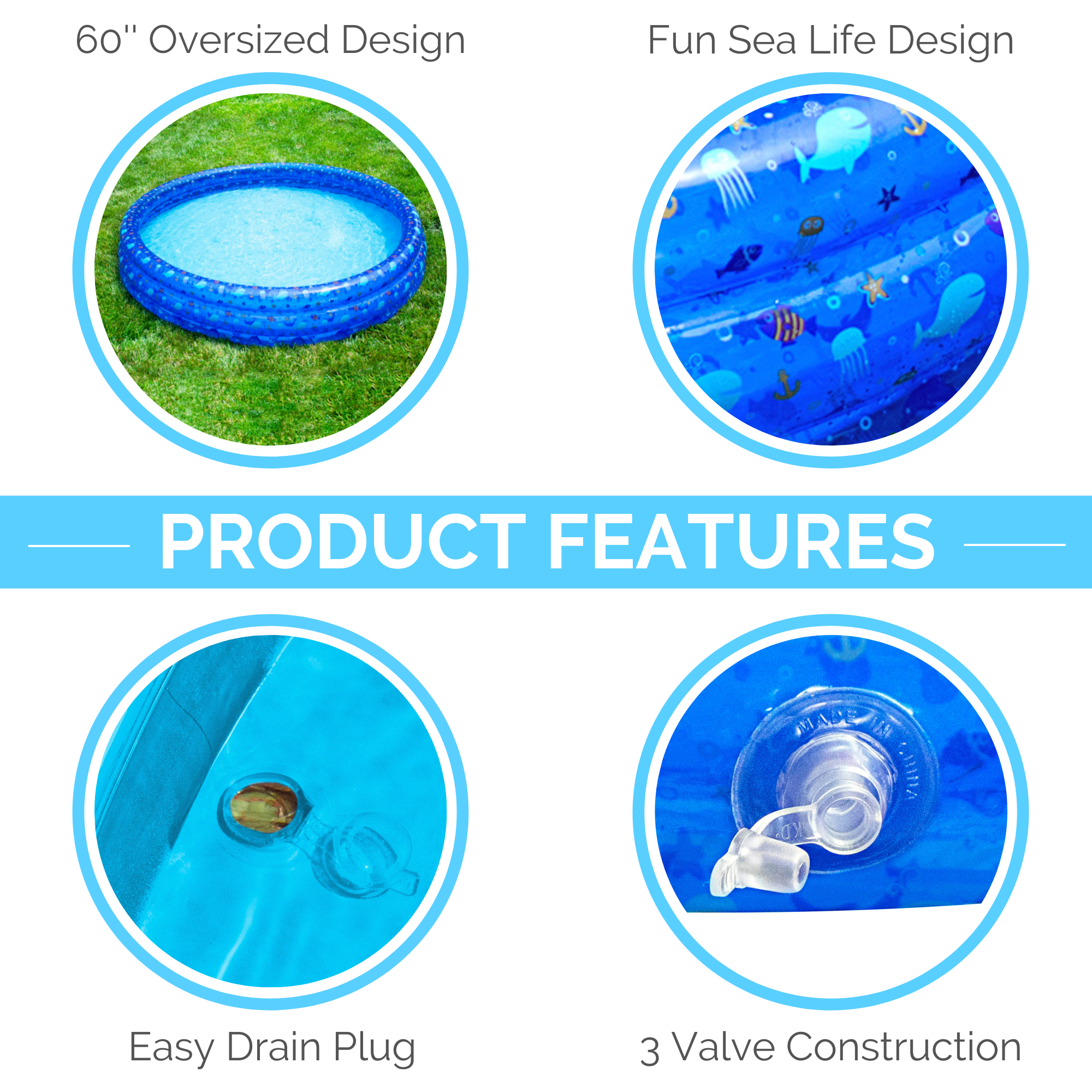 Classic 3-Ring Kiddie Pool | 60" Diameter | BPA-Free PVC | Drain Valve