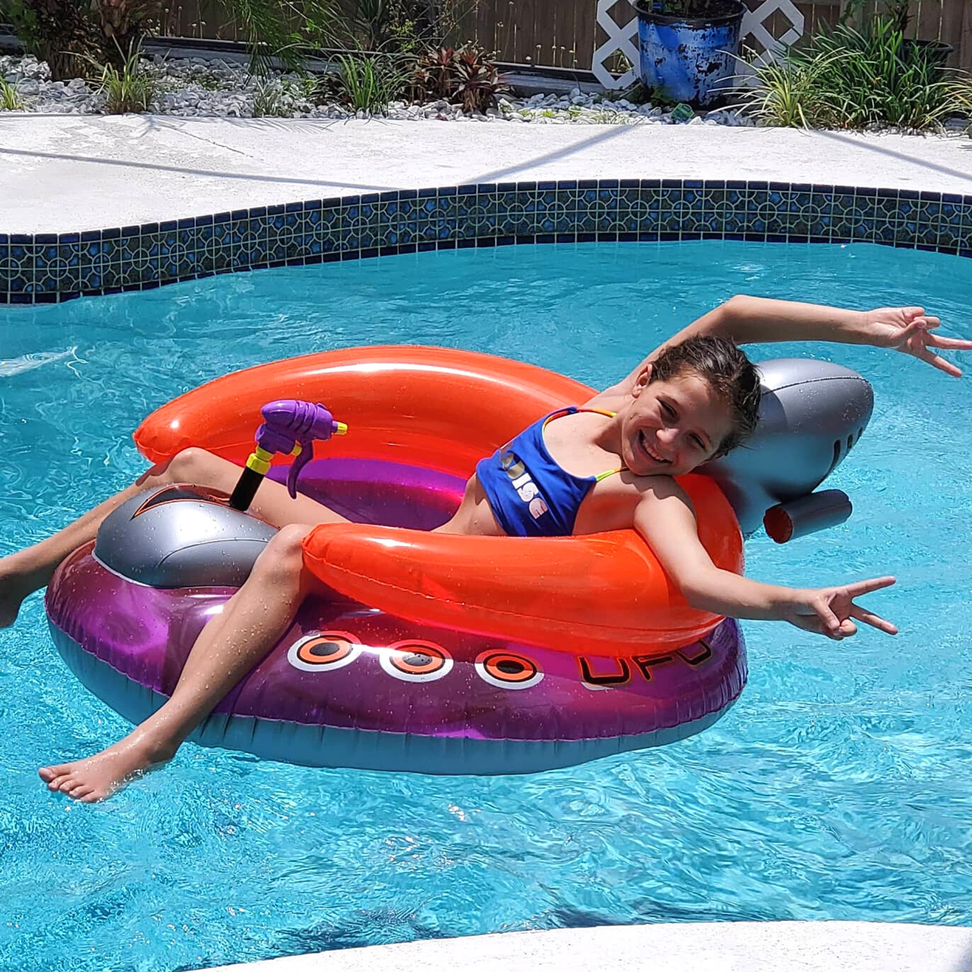 UFO Spaceship Pool Float | 42" Squirter Ride-On | Backrest & Armrests