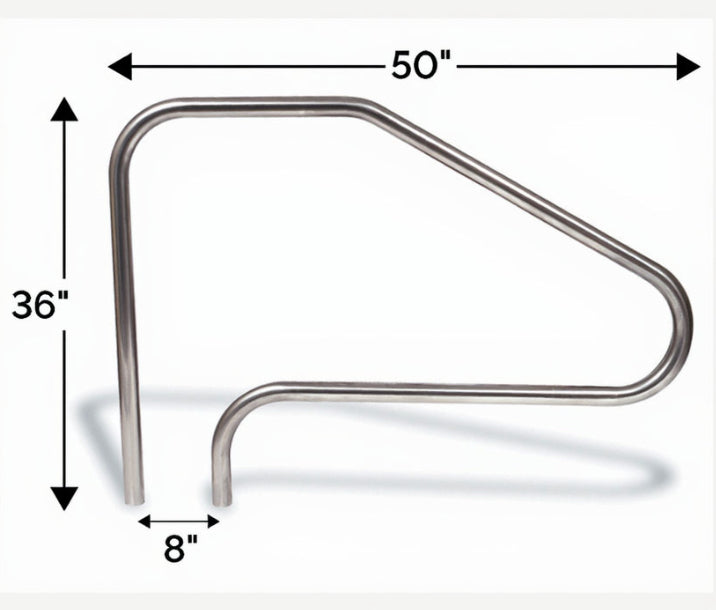 Metal handrail with dimensions labeled on a white background