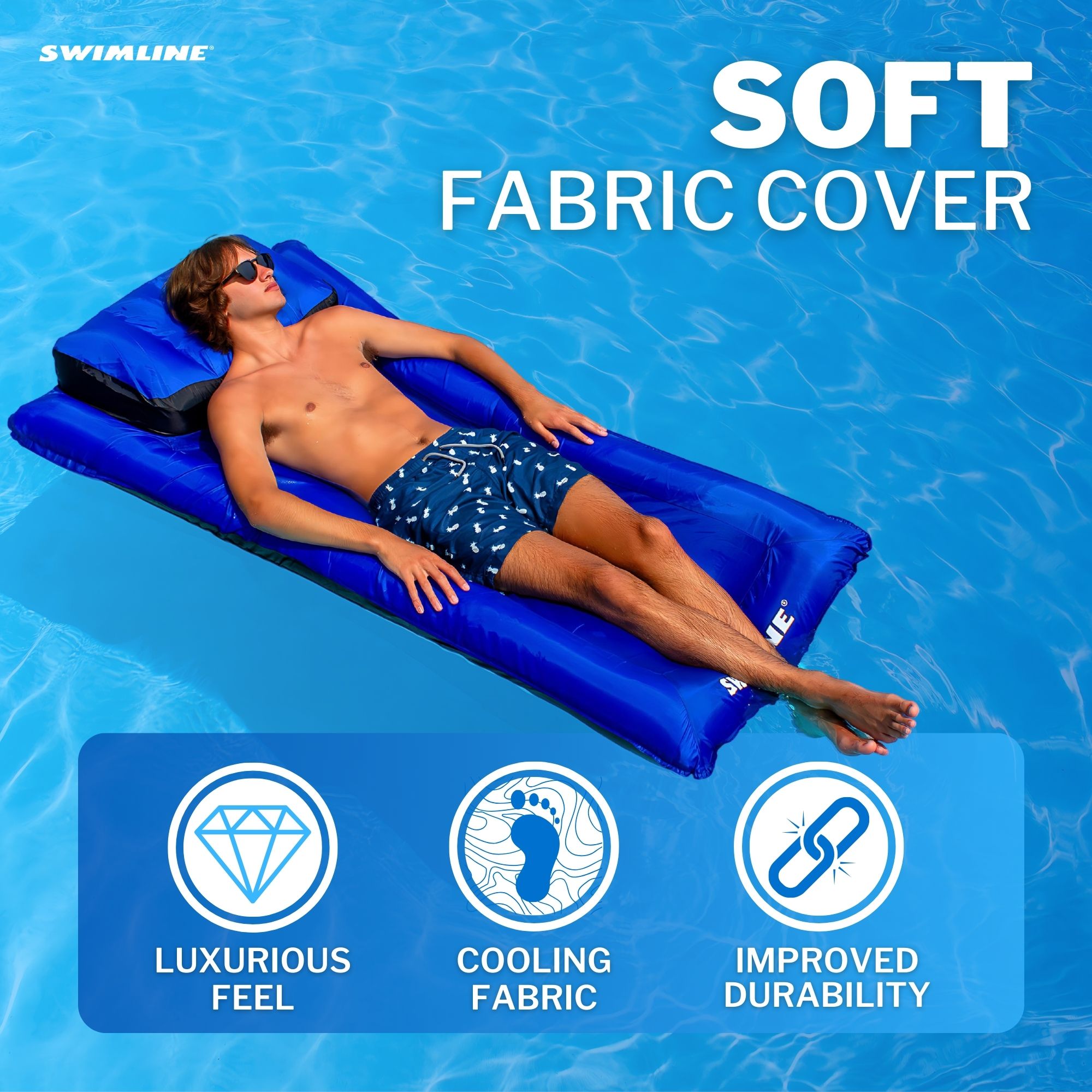 Fabric Covered Pool Air Mattress | Soft Quick-Dry Cover | Inflatable Headrest