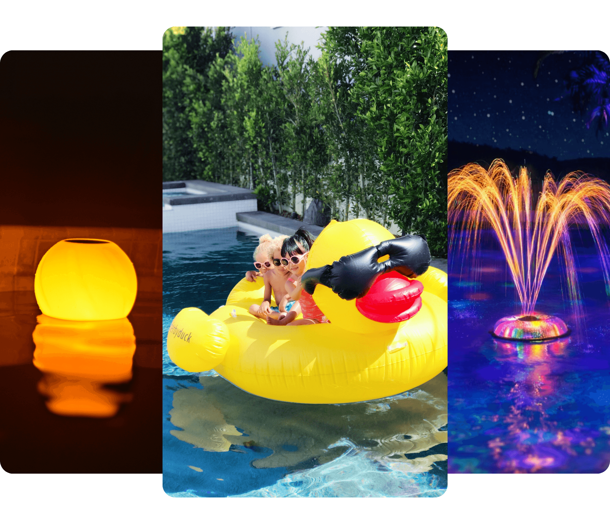 Three images showing a glowing yellow light, children on a rubber duck in a pool, and a colorful fountain in a pond.