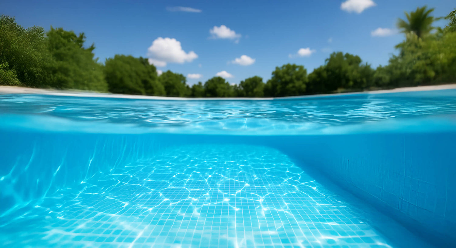 Clear blue water with a view of trees and sky above.