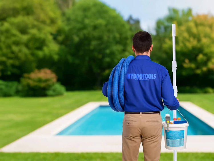 Person in a blue 'Hydrotools' shirt holding pool cleaning equipment by a pool.
