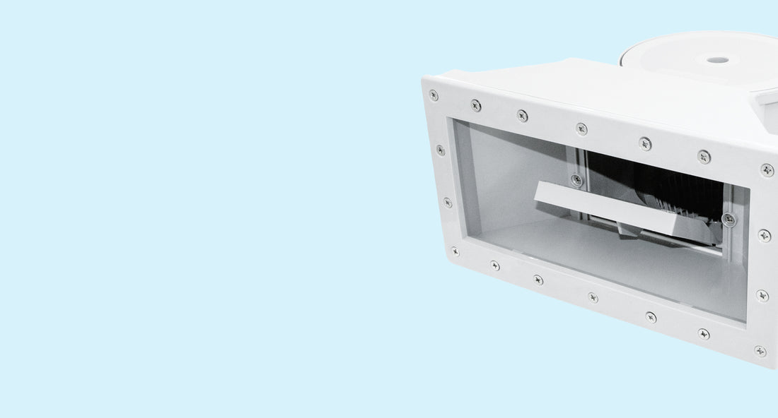 White water filter components on a light blue background