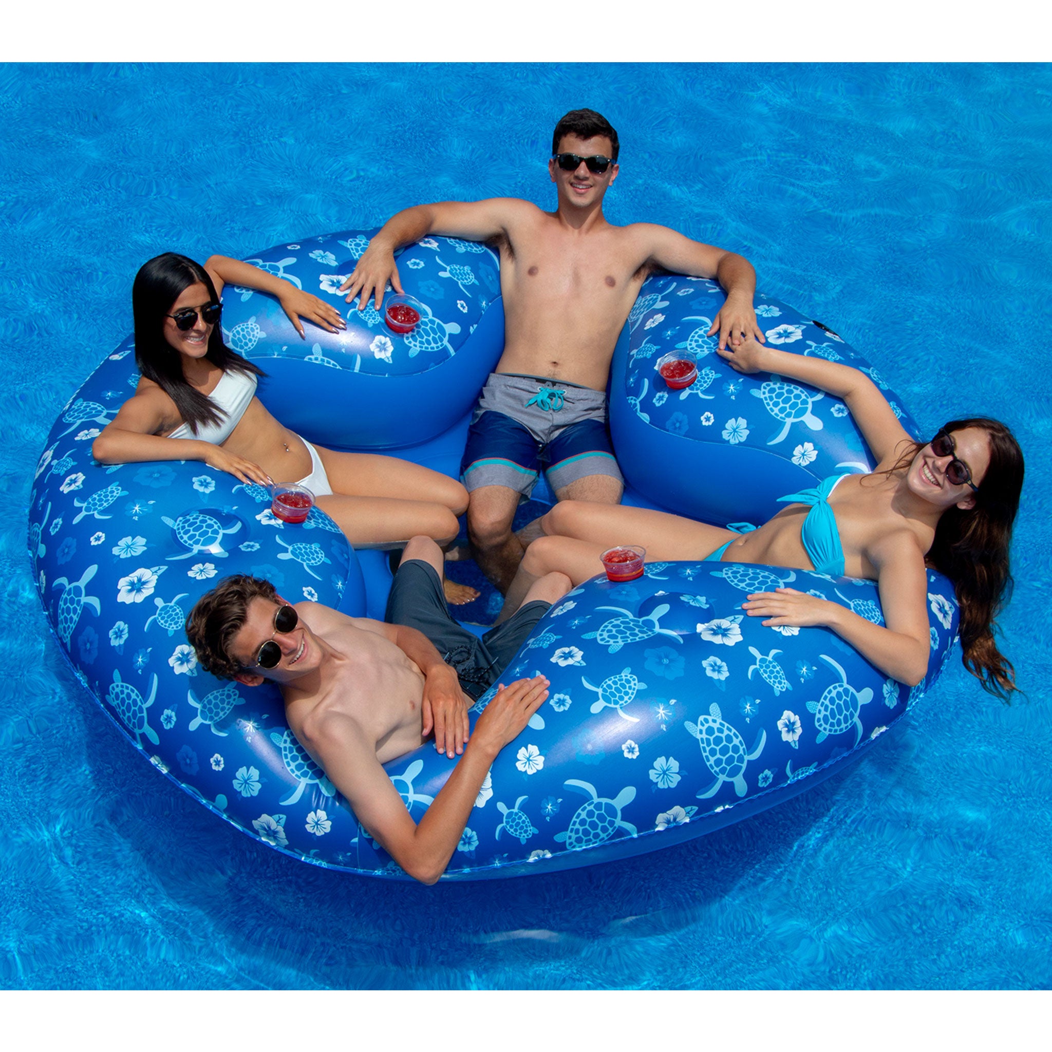 Tropical 4-Person Pool Lounger | 85" x 85" | Mesh Seats | 4 Cupholders